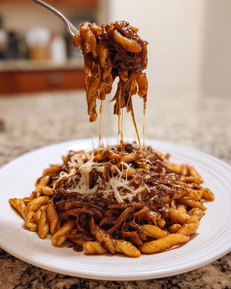 A fork lifting a cheesy, saucy bite of french onion pasta, showing long cheese pulls over the main serving on a white plate.