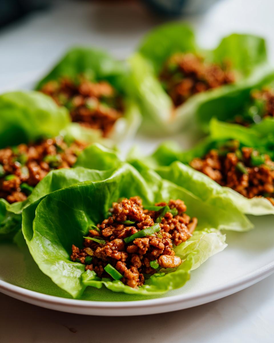 Close-up of several fresh chicken lettuce wraps filled with savory ground chicken mixture and green onions.