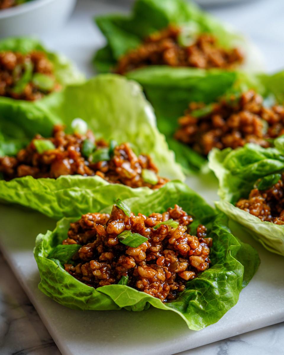 Close-up of several fresh chicken lettuce wraps filled with savory brown ground chicken mixture and topped with green onions.