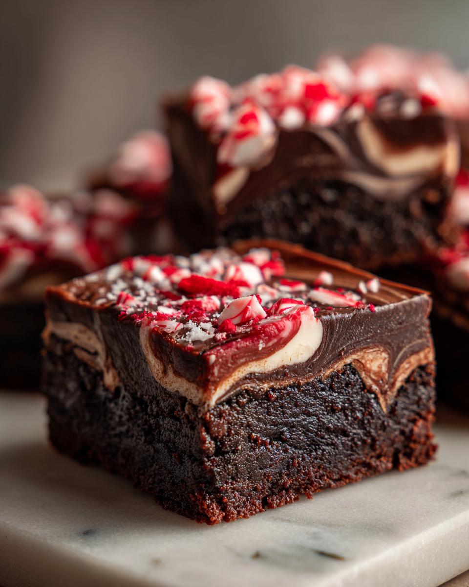 A fudgy candy cane brownies square featuring a dark chocolate base, a marbled chocolate and cream cheese swirl topping, and crushed candy canes.