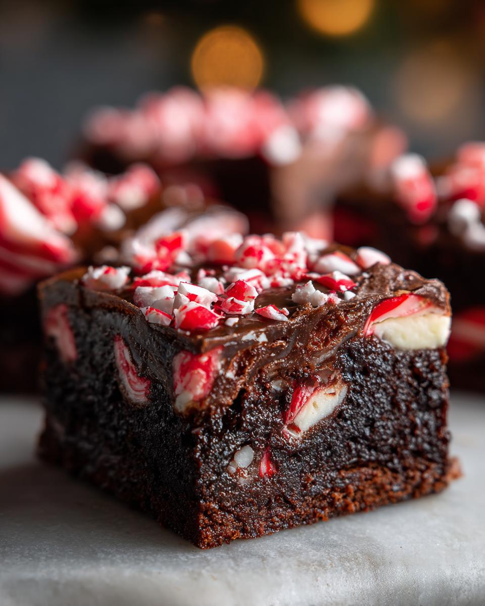A close-up shot of a fudgy candy cane brownie square topped with melted chocolate and crushed peppermint.
