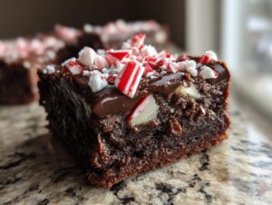 Close-up of a rich, fudgy candy cane brownie topped with chocolate frosting and crushed peppermint pieces.