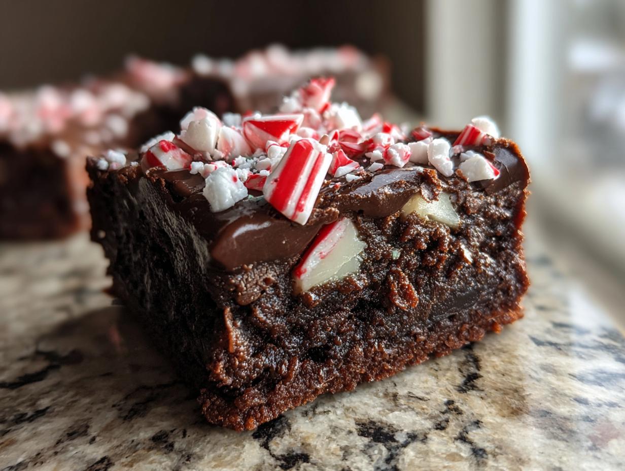Close-up of a rich, fudgy candy cane brownie topped with chocolate frosting and crushed peppermint pieces.