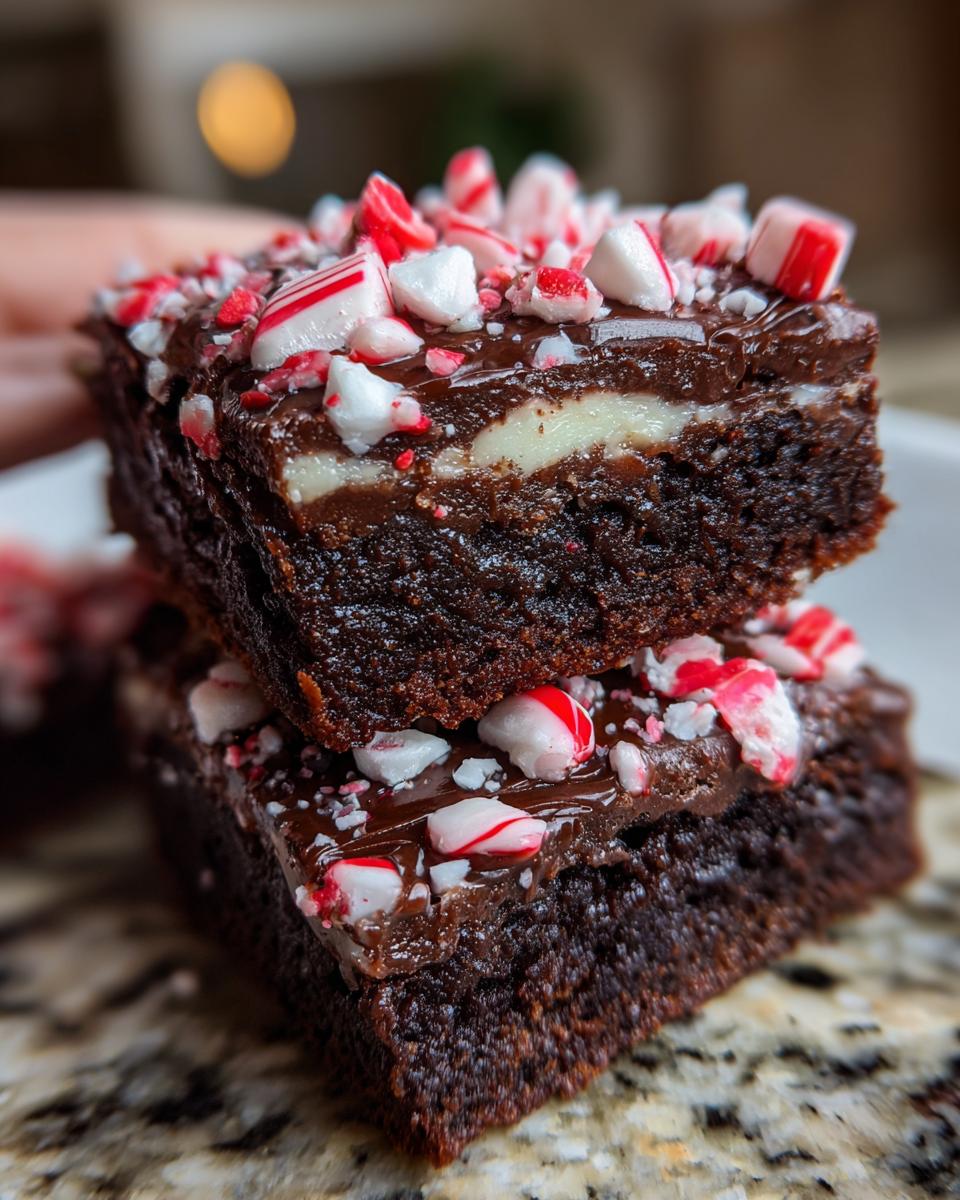 Two stacked, fudgy candy cane brownies topped with chocolate glaze and crushed peppermint candies.