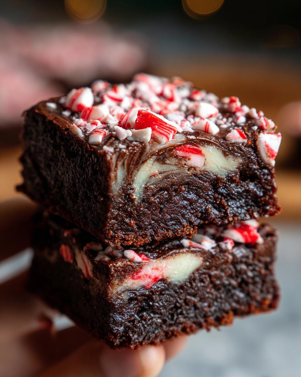 Close-up of two stacked, fudgy candy cane brownies topped with crushed peppermint pieces.