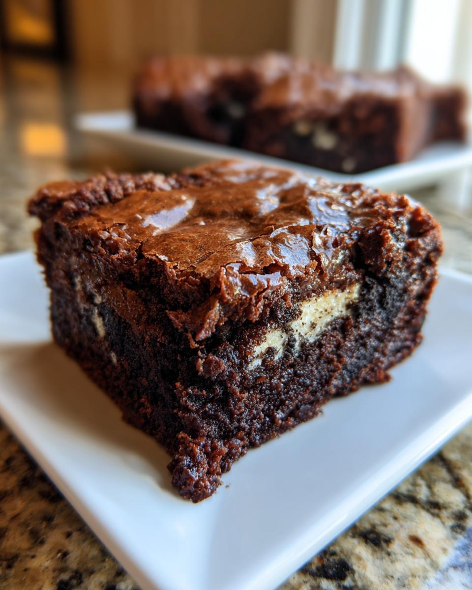 Close-up of a fudgy Oreo brownie square showing a shiny top and white cream filling.
