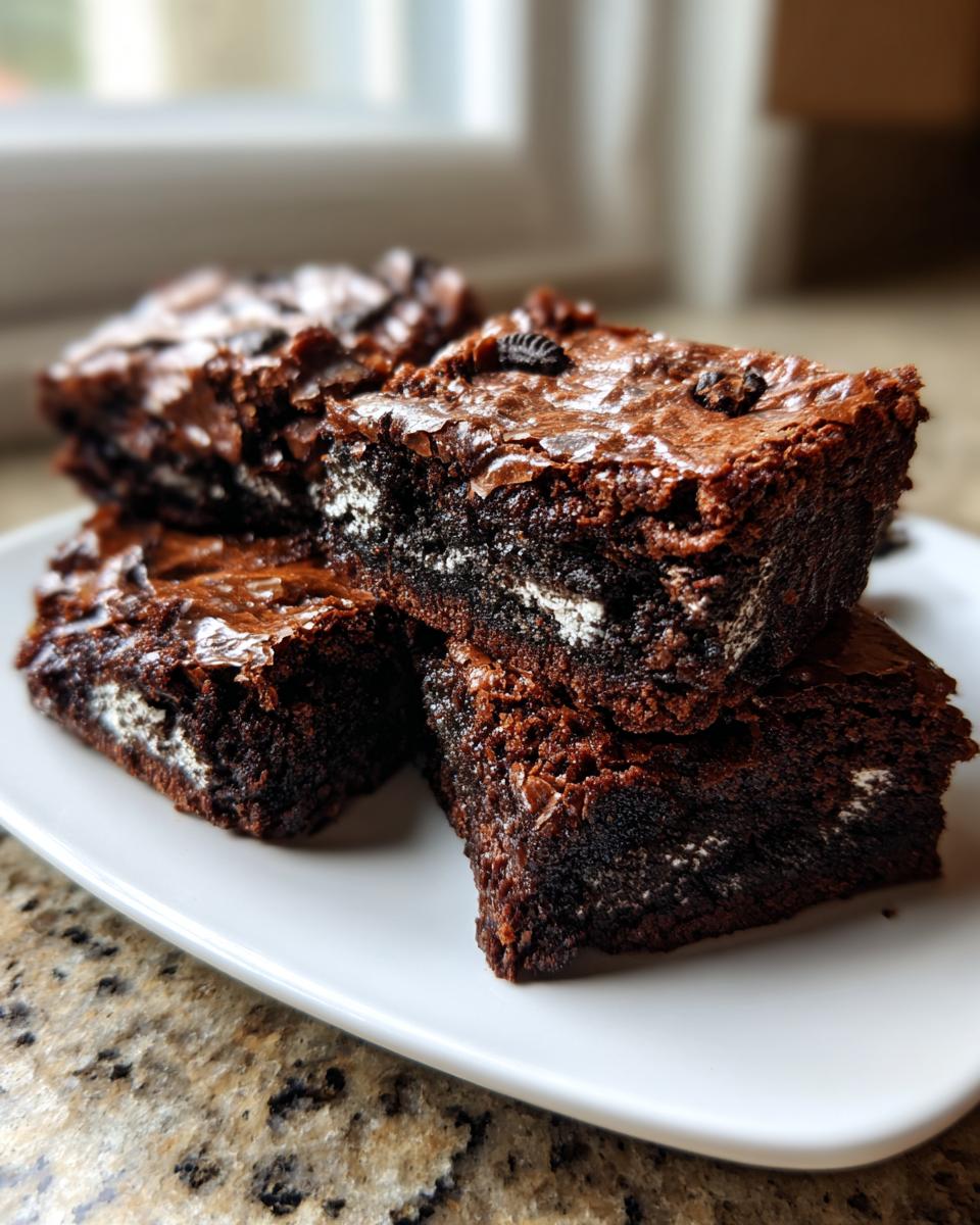 Close-up of fudgy oreo brownies stacked on a white plate, showing a shiny top and visible cream filling.