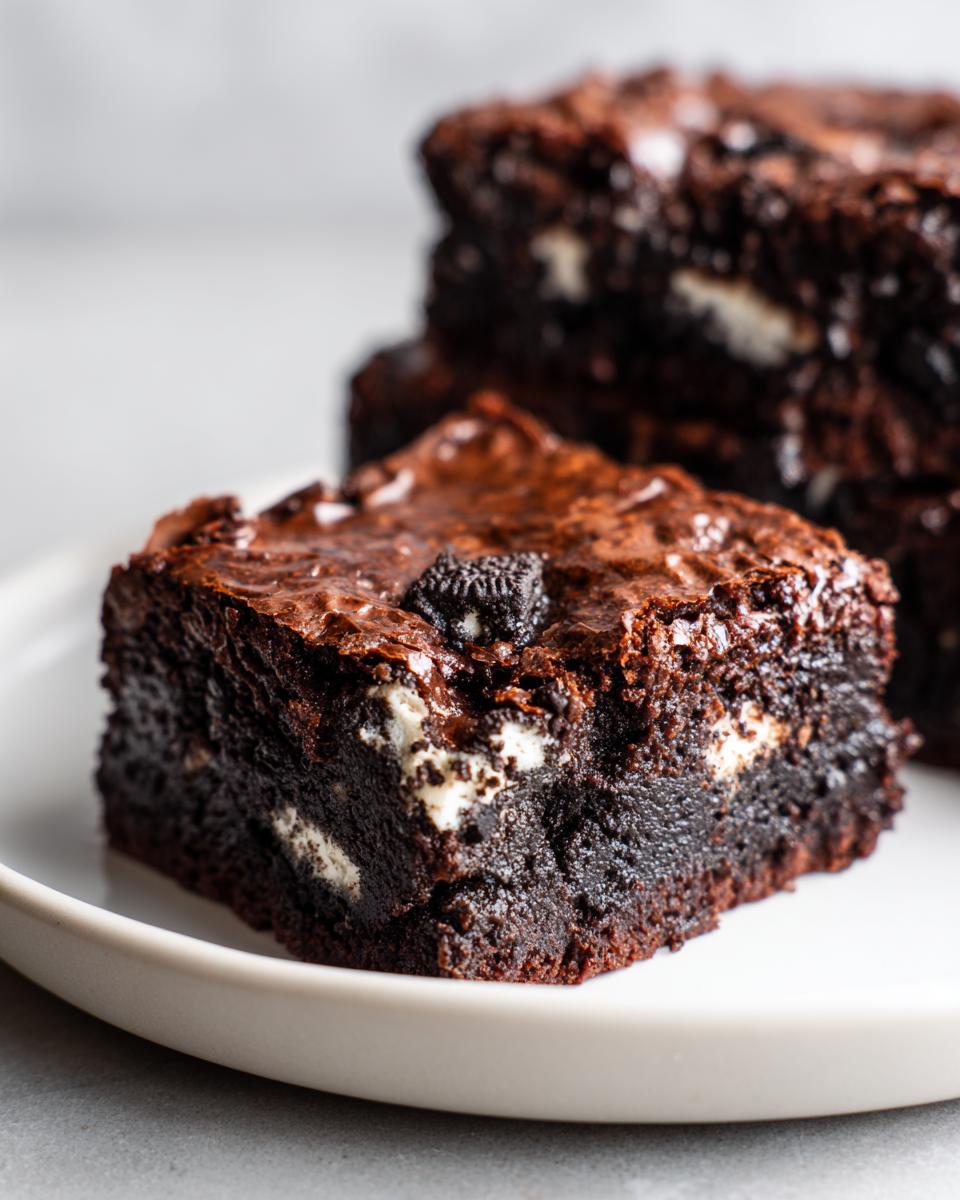 Close-up of a fudgy Oreo brownie slice showing a shiny top crust and chunks of white cream filling.