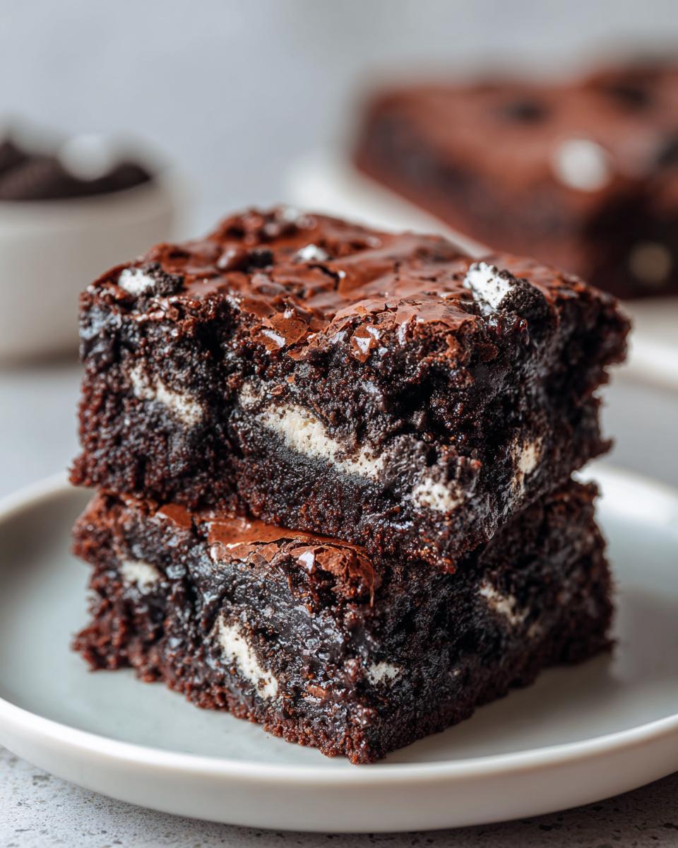 Two fudgy oreo brownies stacked on a light plate, showing a shiny, cracked top and white cream filling.