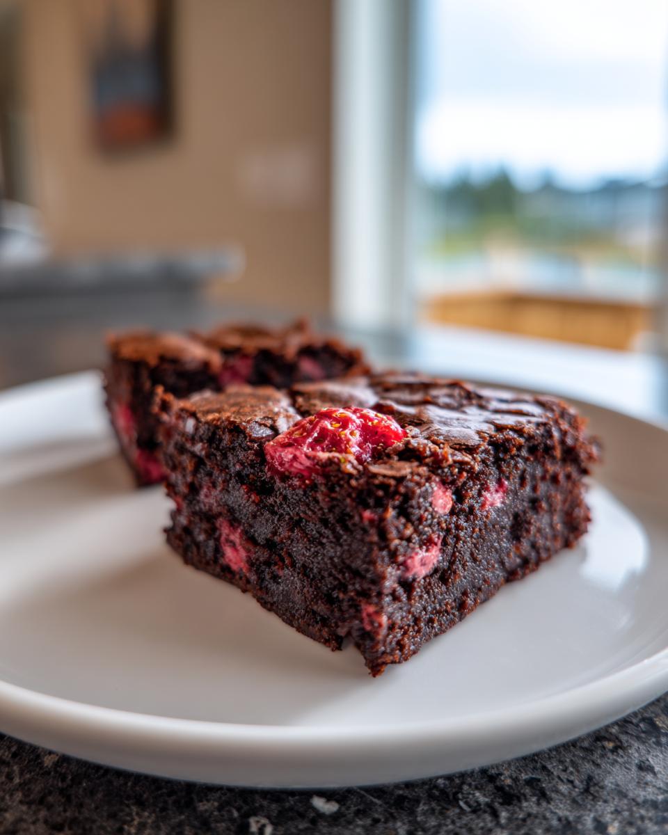 A close-up shot of a fudgy square of strawberry brownies, showing bright red fruit pieces baked inside the rich chocolate.