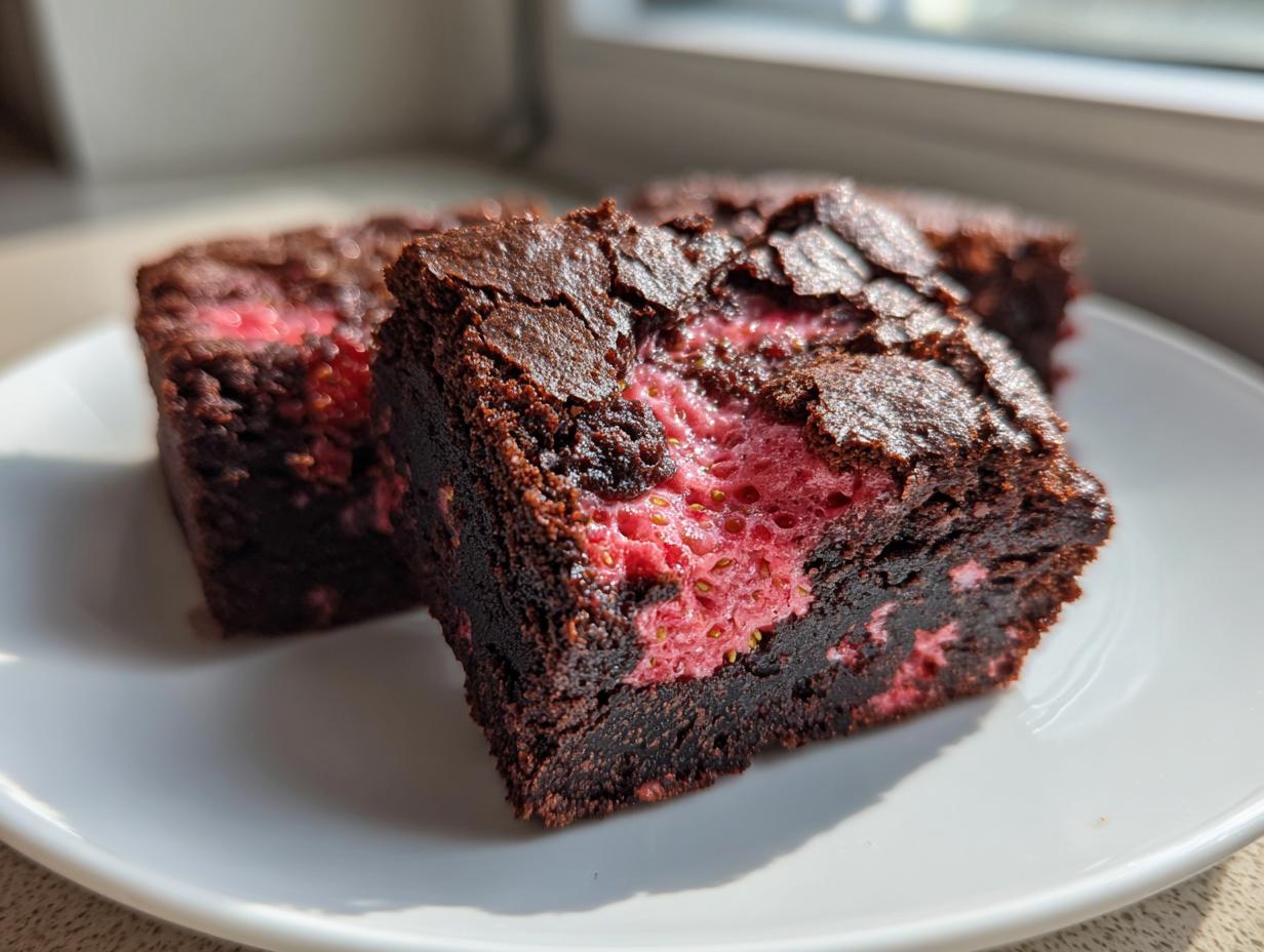 Close-up of fudgy strawberry brownies with a bright pink, strawberry-infused swirl baked inside.