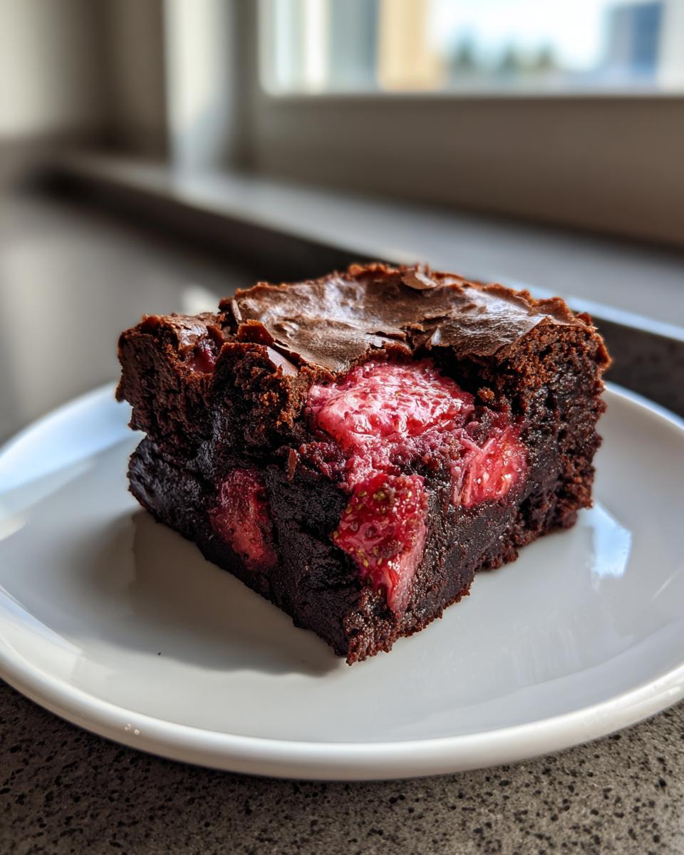 A close-up of a fudgy, dark chocolate strawberry brownies square served on a white plate.