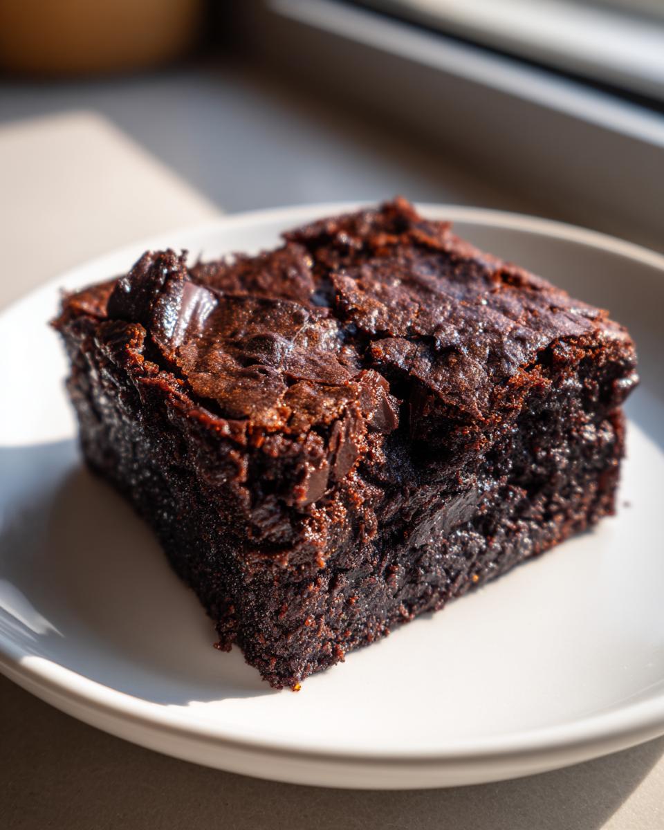 A close-up of a rich, dark, fudgy square of sweet potato brownies on a white plate.