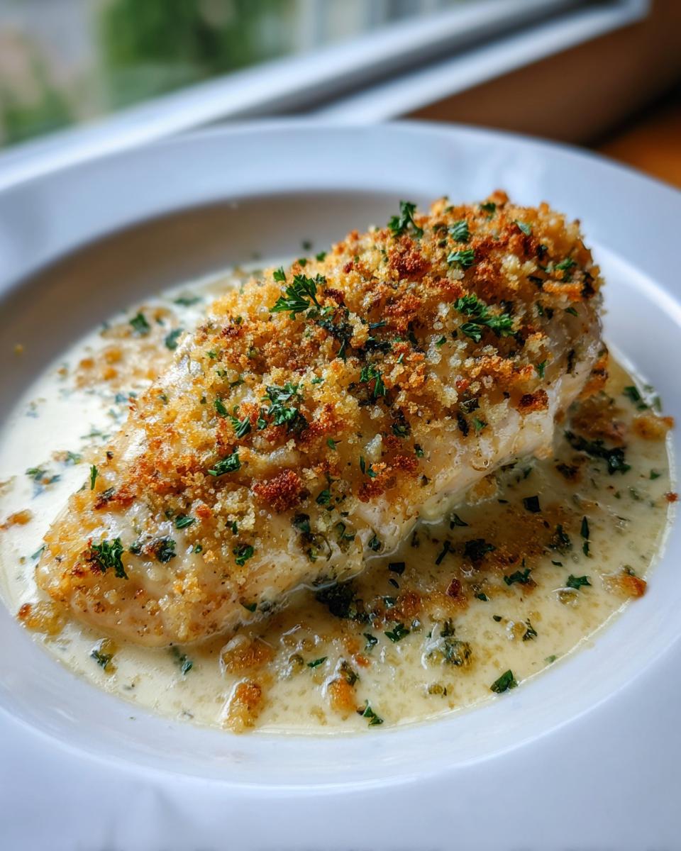 A single serving of Garlic parmesan chicken bake, topped with golden breadcrumbs and parsley, served in a creamy sauce.
