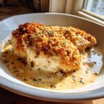 Two pieces of crispy, breaded Garlic parmesan chicken bake served in a rich, creamy sauce and garnished with herbs.