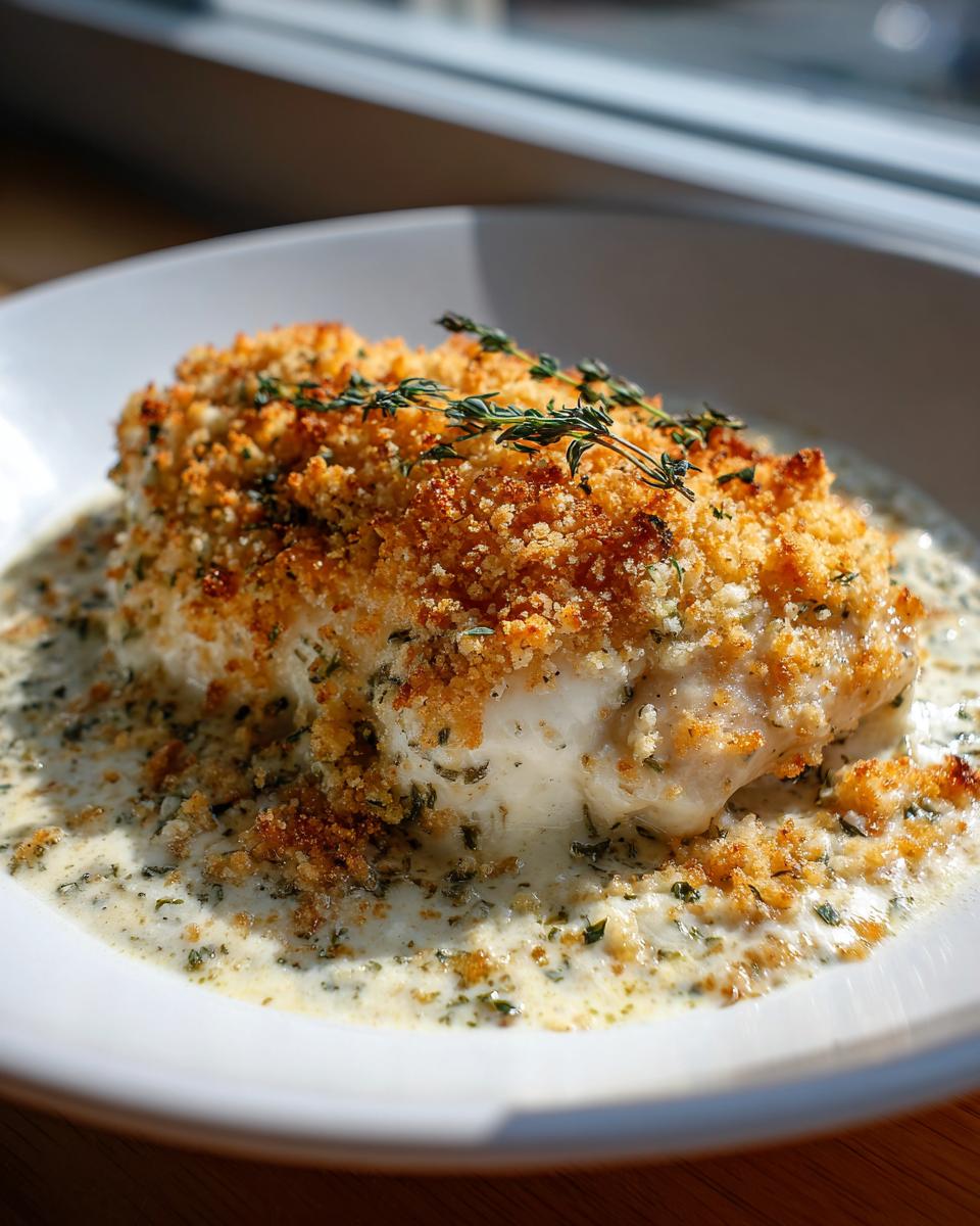 Close-up of a Garlic Parmesan Chicken Bake with a golden, crispy breadcrumb topping served in a creamy herb sauce.