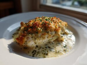 A piece of Garlic parmesan chicken bake with a golden, crispy topping served in a creamy sauce.