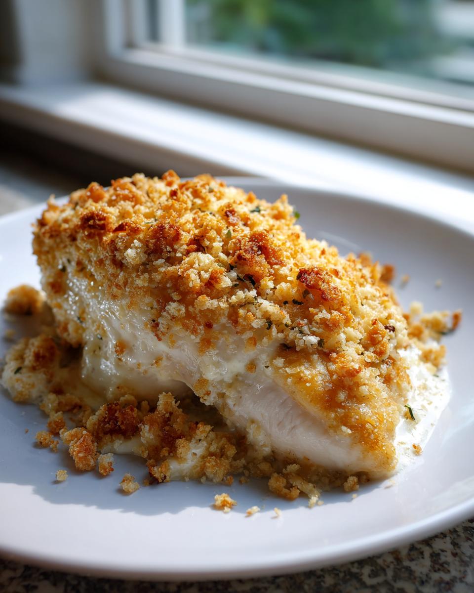Close-up of a juicy chicken breast from the Garlic parmesan chicken bake topped with golden, crispy breadcrumbs.