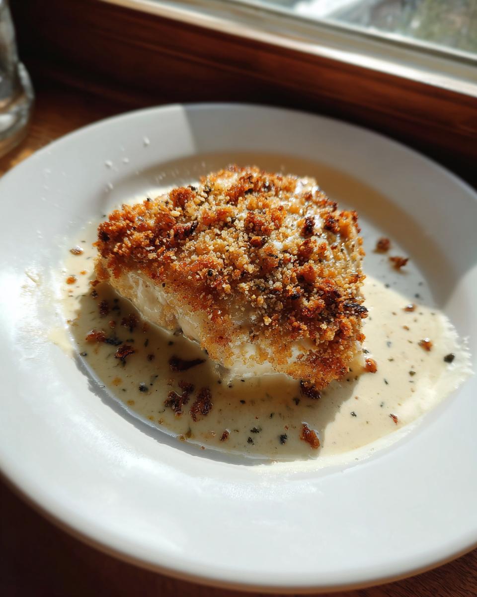 A single serving of Garlic parmesan chicken bake with a golden, crunchy topping sitting in a creamy sauce on a white plate.