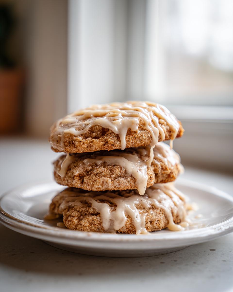 Three soft, spiced applesauce cookies stacked on a white plate, generously drizzled with a light brown glaze.
