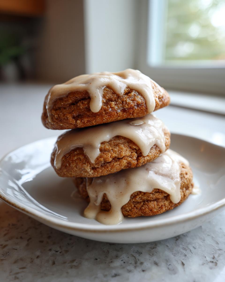 Three soft, spiced applesauce cookies stacked and drizzled with a thick vanilla glaze.