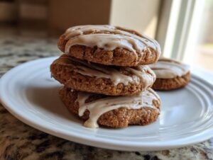 A stack of three soft, brown applesauce cookies topped with a drizzle of light brown glaze, resting on a white plate.