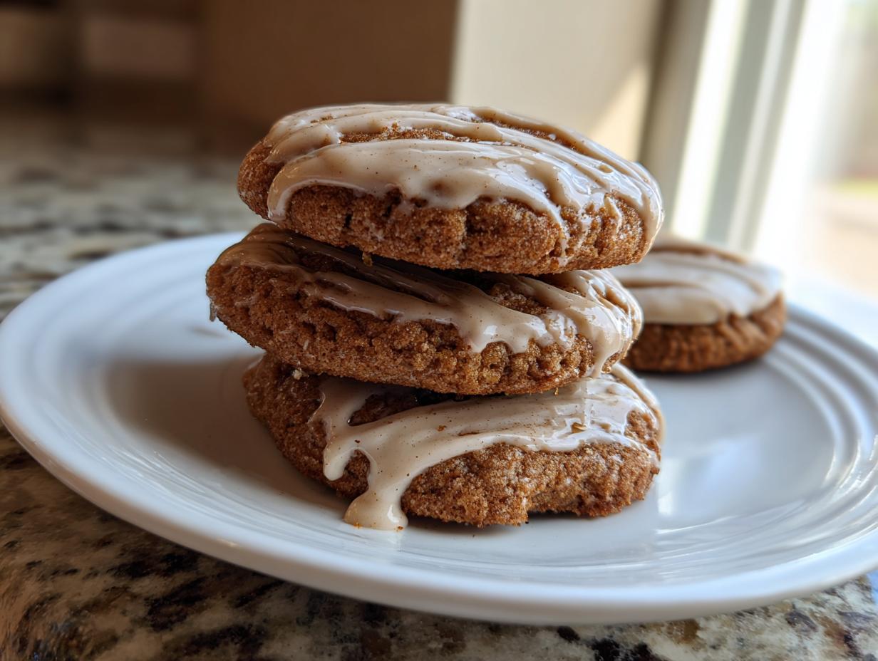 A stack of three soft, brown applesauce cookies topped with a drizzle of light brown glaze, resting on a white plate.