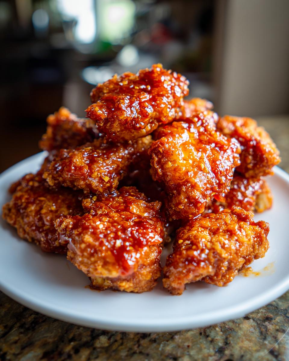 A pile of crispy, deep-fried chicken pieces coated in a glossy, reddish-orange sauce, known as bang bang chicken.