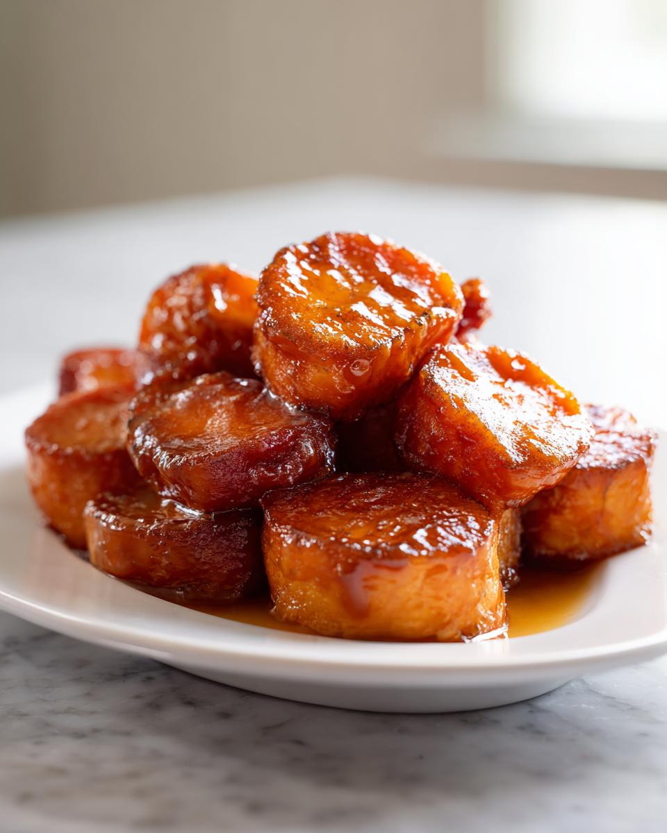 A mound of thick, round, glazed candied yams glistening with syrup on a white plate.