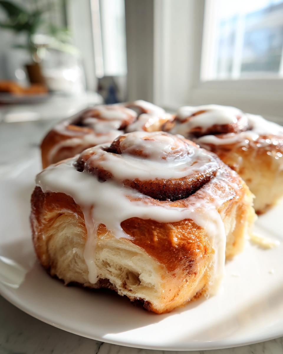A close-up of a freshly baked, gooey cinnamon roll topped with white icing, sitting on a white plate.