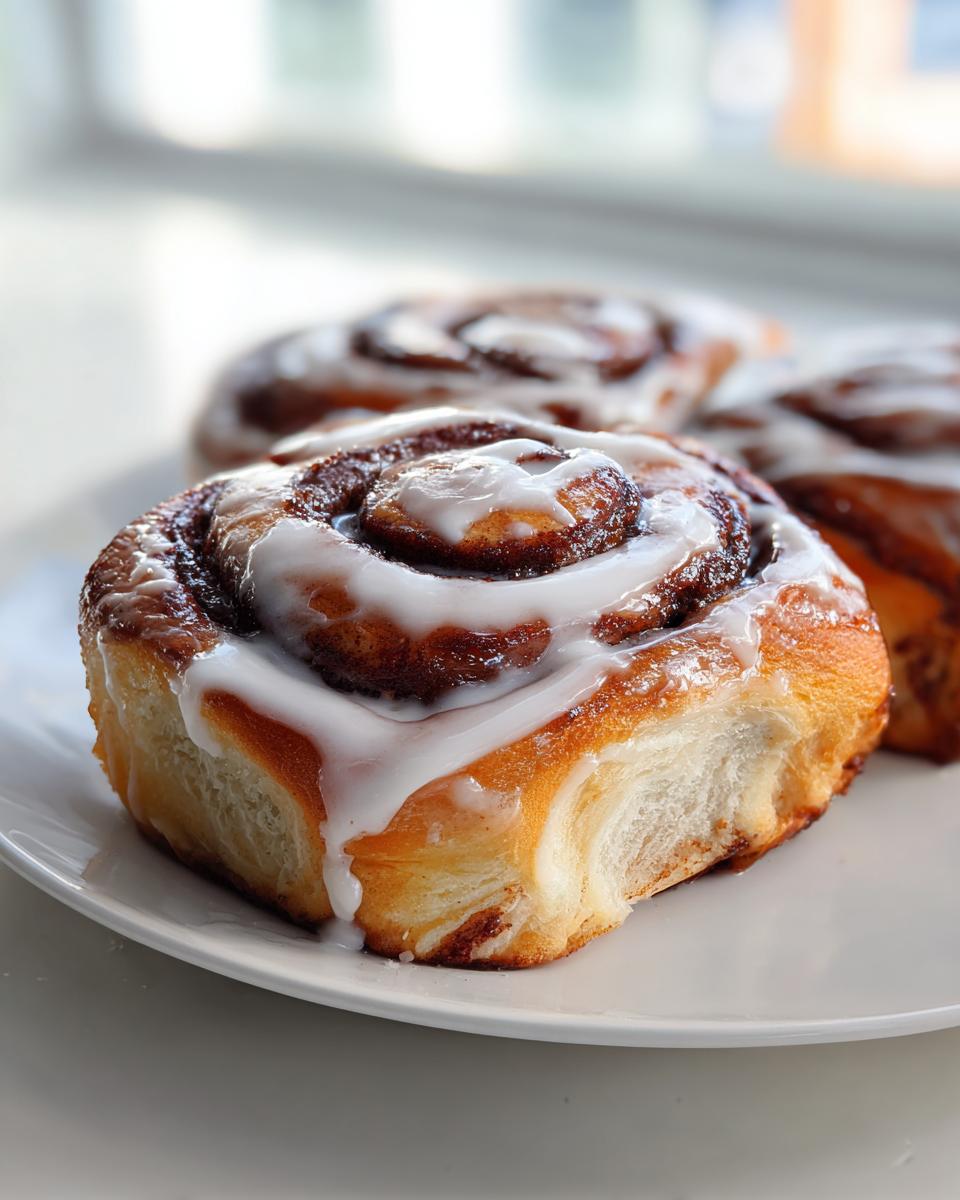 A close-up shot of a fluffy, freshly baked cinnamon roll topped with thick white icing, sitting on a white plate.
