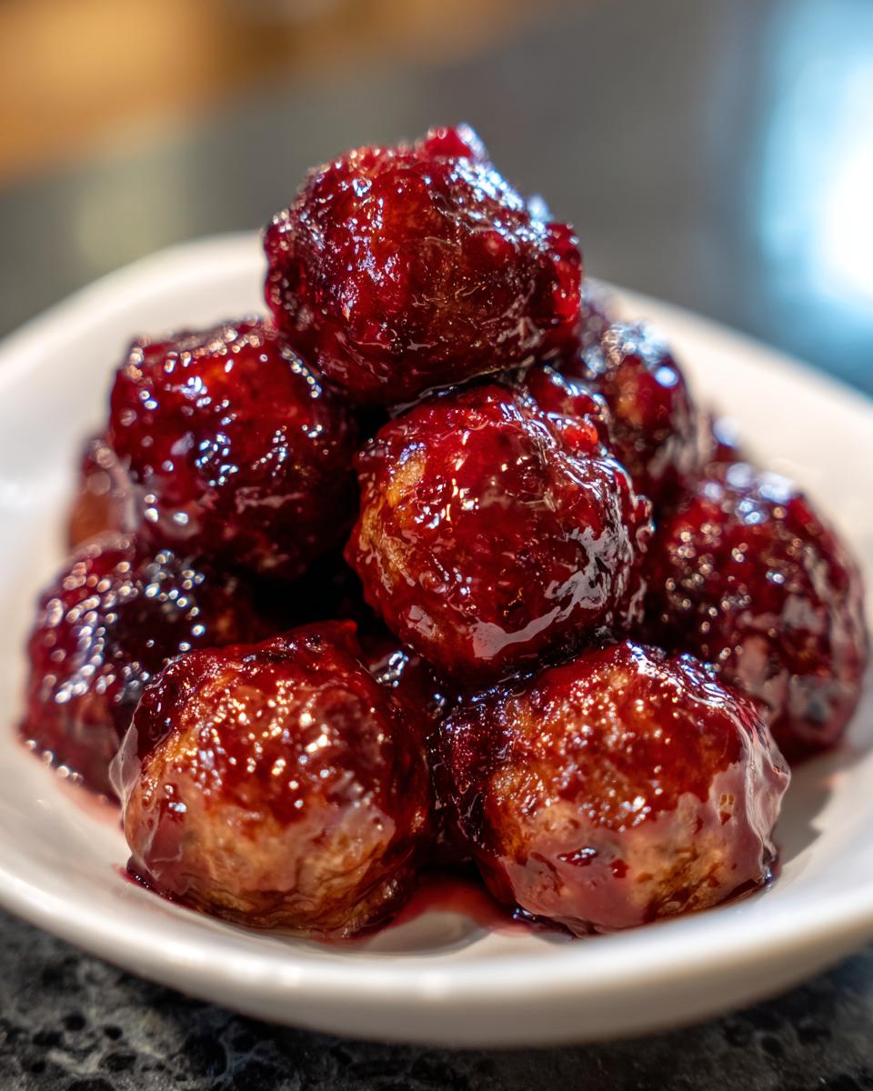 A close-up of several glossy, dark red cranberry meatballs piled high on a white dish.