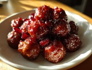 A close-up of several glossy, dark red cranberry meatballs piled on a white dish.