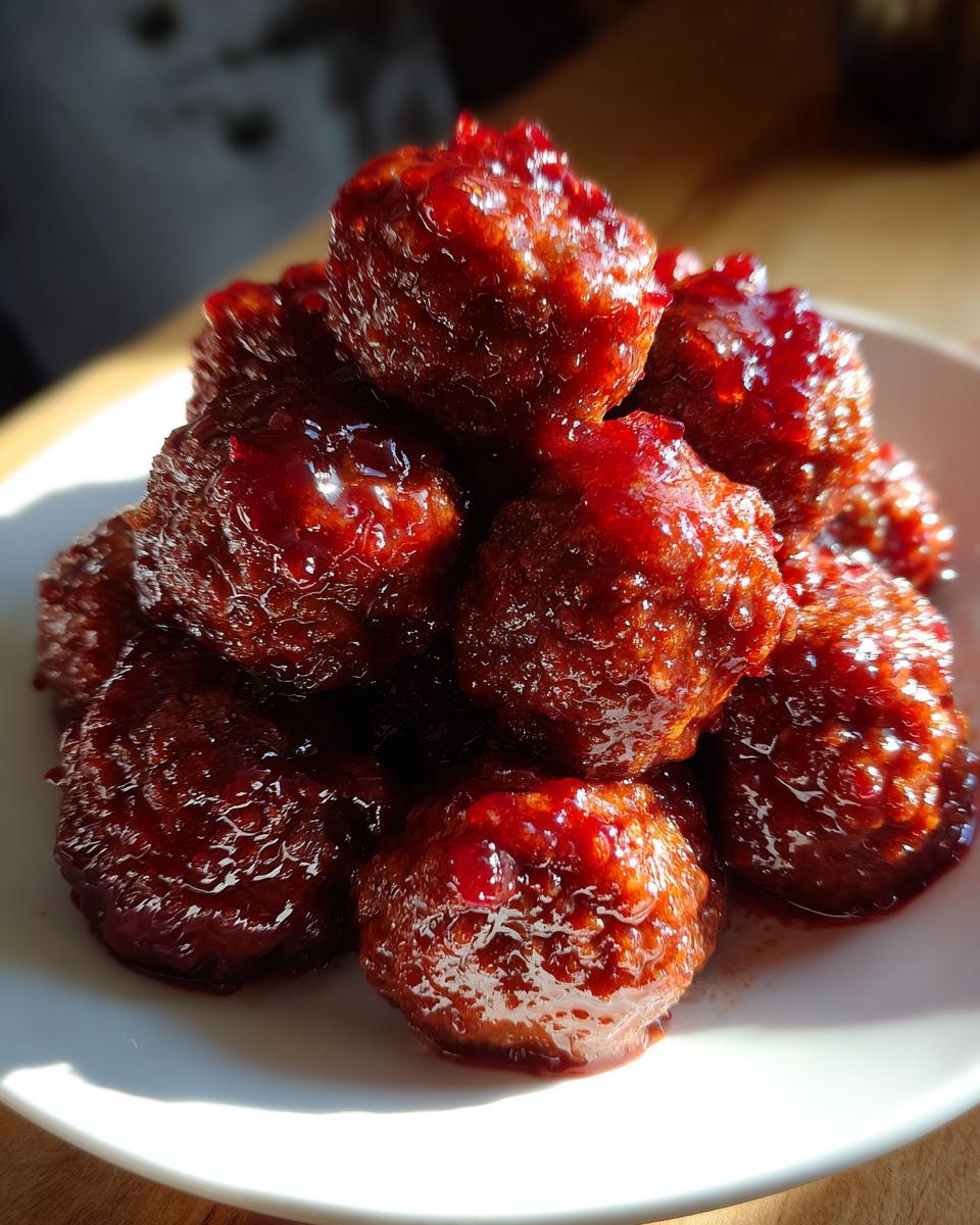 A close-up stack of glossy, deep red cranberry meatballs glistening under bright light.