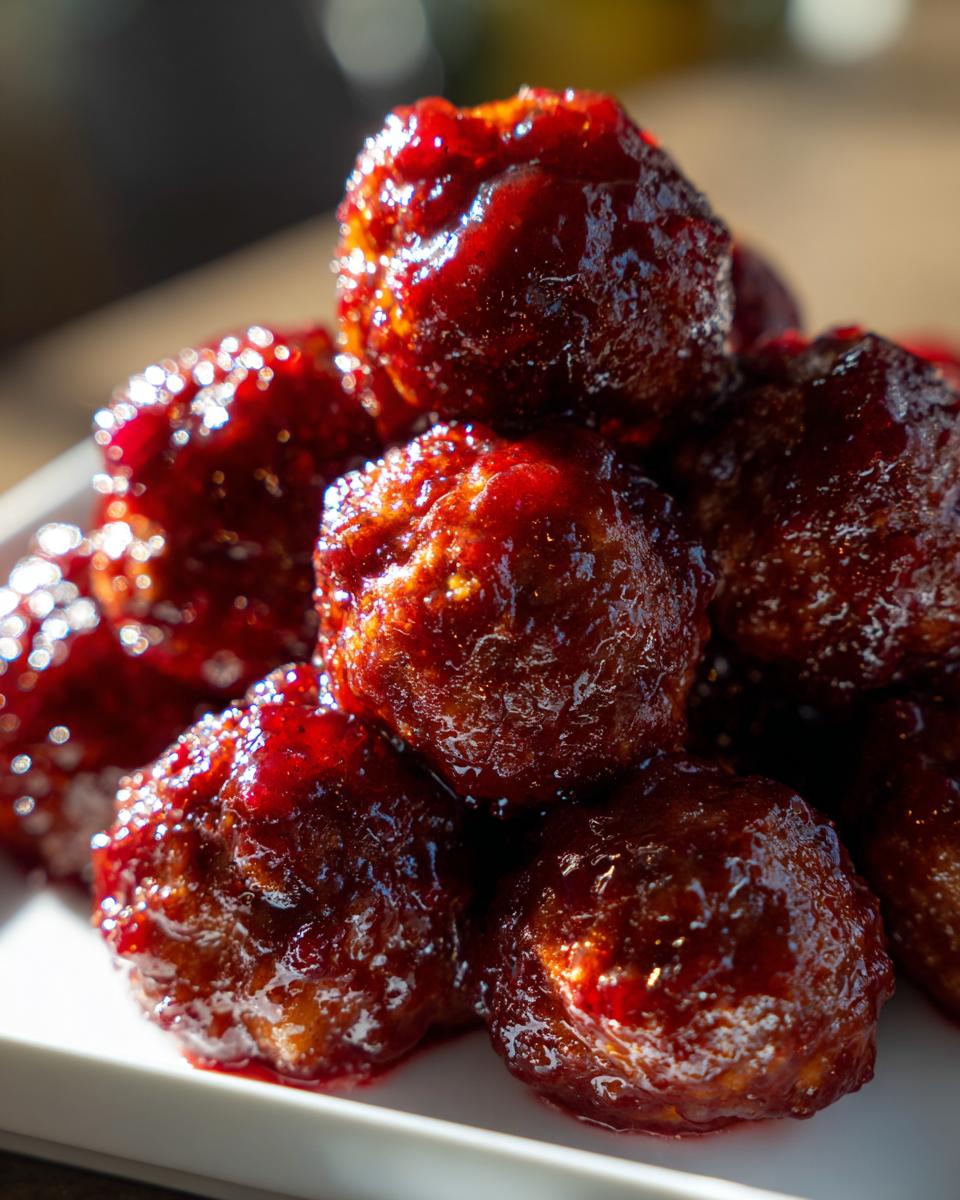 A close-up of several glossy, dark red cranberry meatballs piled high on a white serving dish.