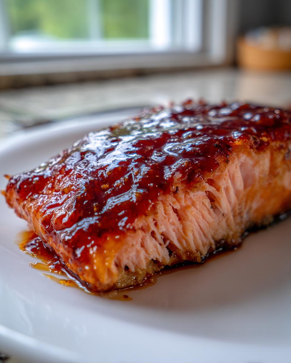 Close-up of a perfectly cooked salmon fillet topped with a thick, glossy, dark red glaze.
