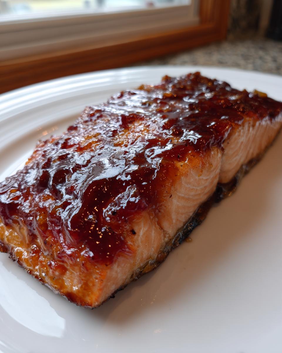 A perfectly cooked fillet of salmon topped with a thick, glossy, dark glaze.