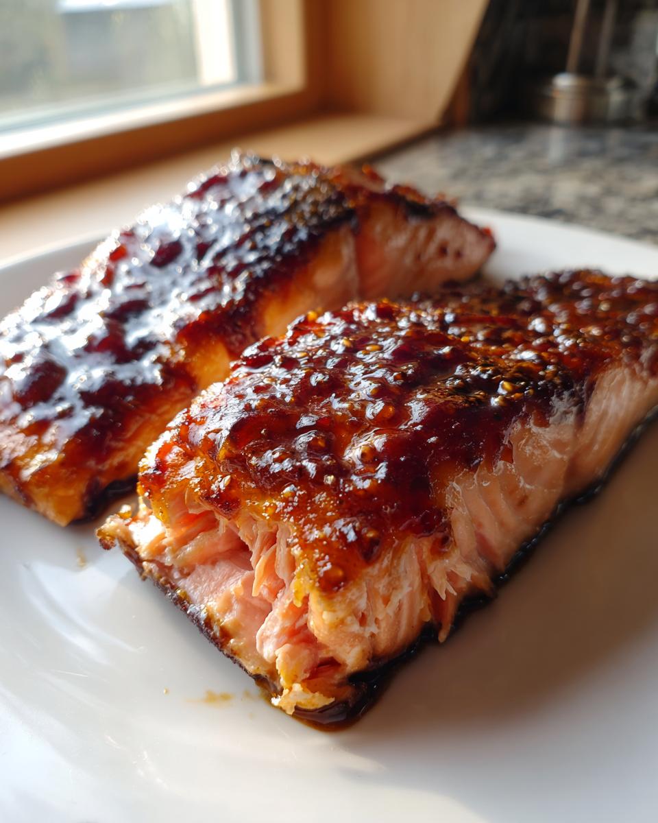 Two perfectly cooked salmon fillets with a thick, shiny, dark glaze served on a white plate.