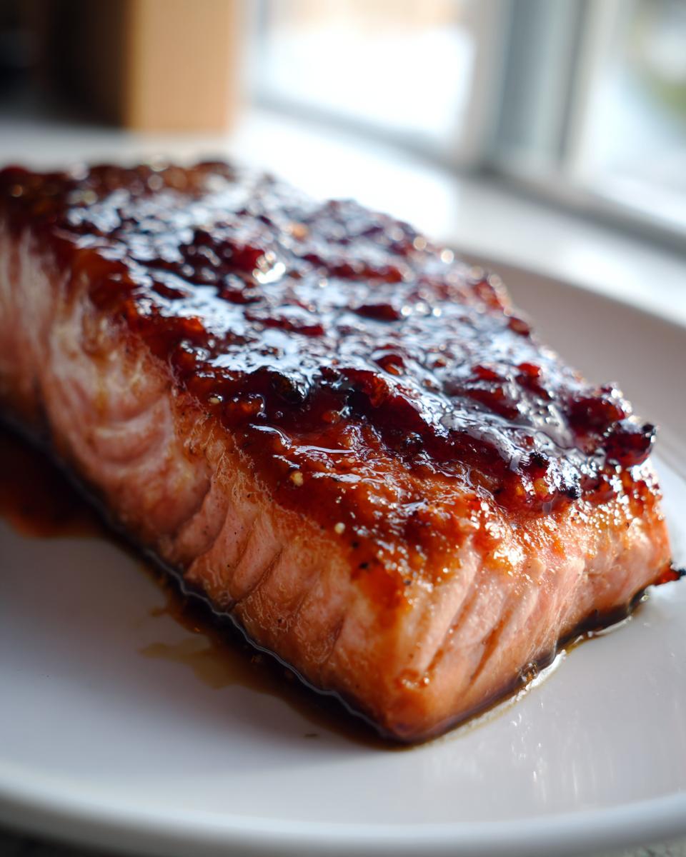 Close-up of a perfectly cooked salmon fillet glazed with a dark, sticky sauce, ready to serve.