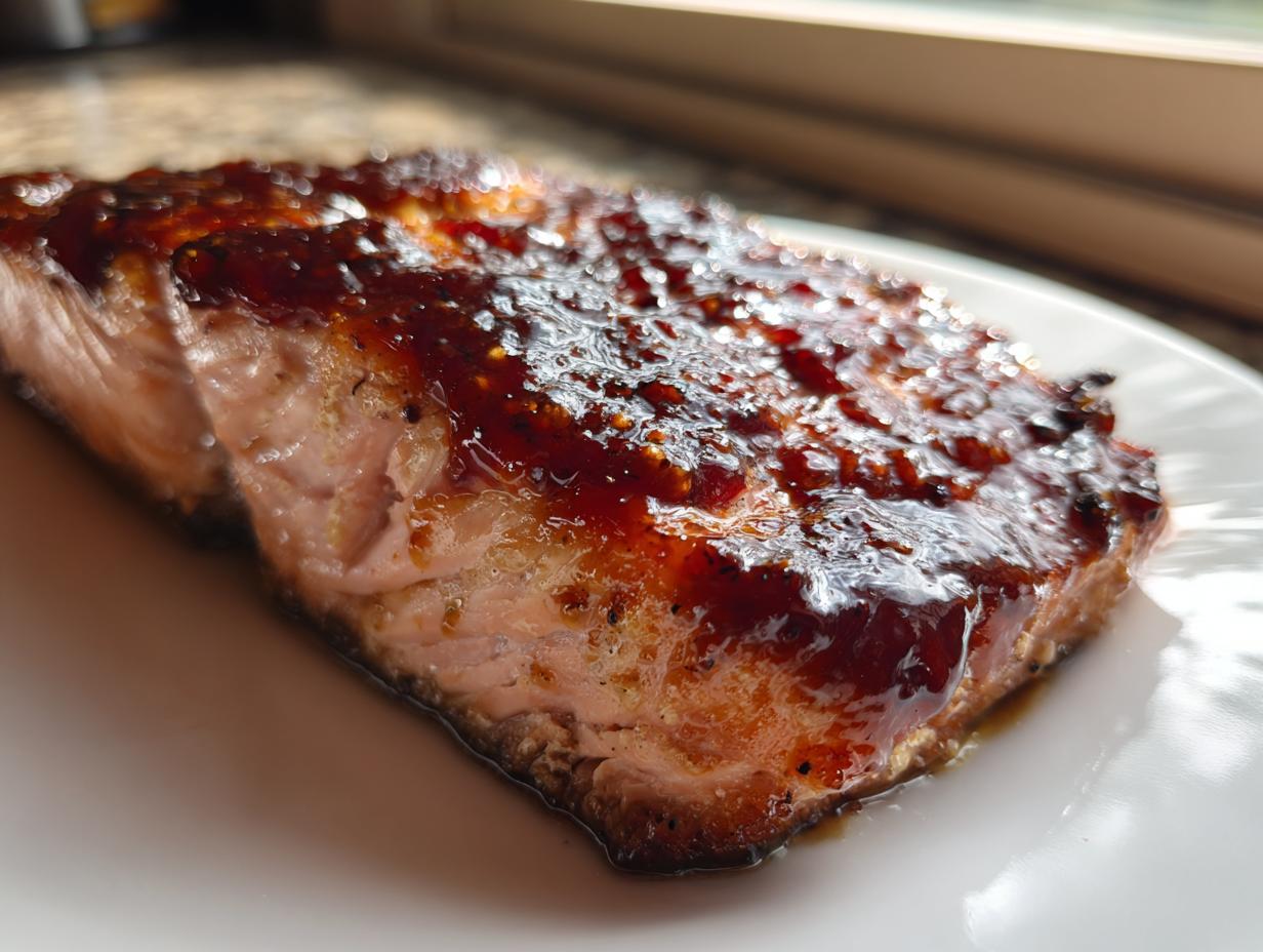 Close-up of a perfectly cooked salmon fillet topped with a thick, shiny, dark glaze.