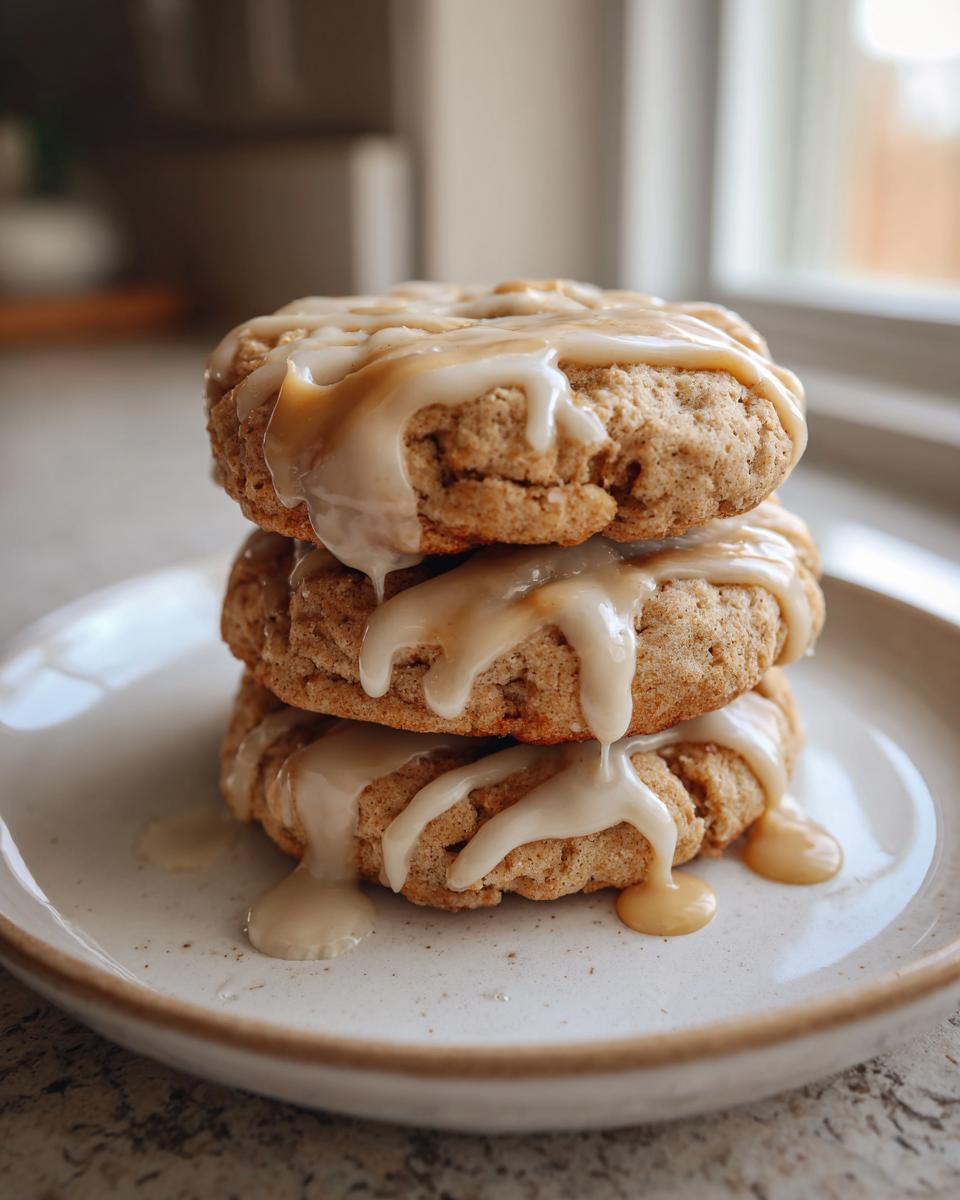 Three stacked applesauce cookies drizzled generously with a thick, light brown glaze.