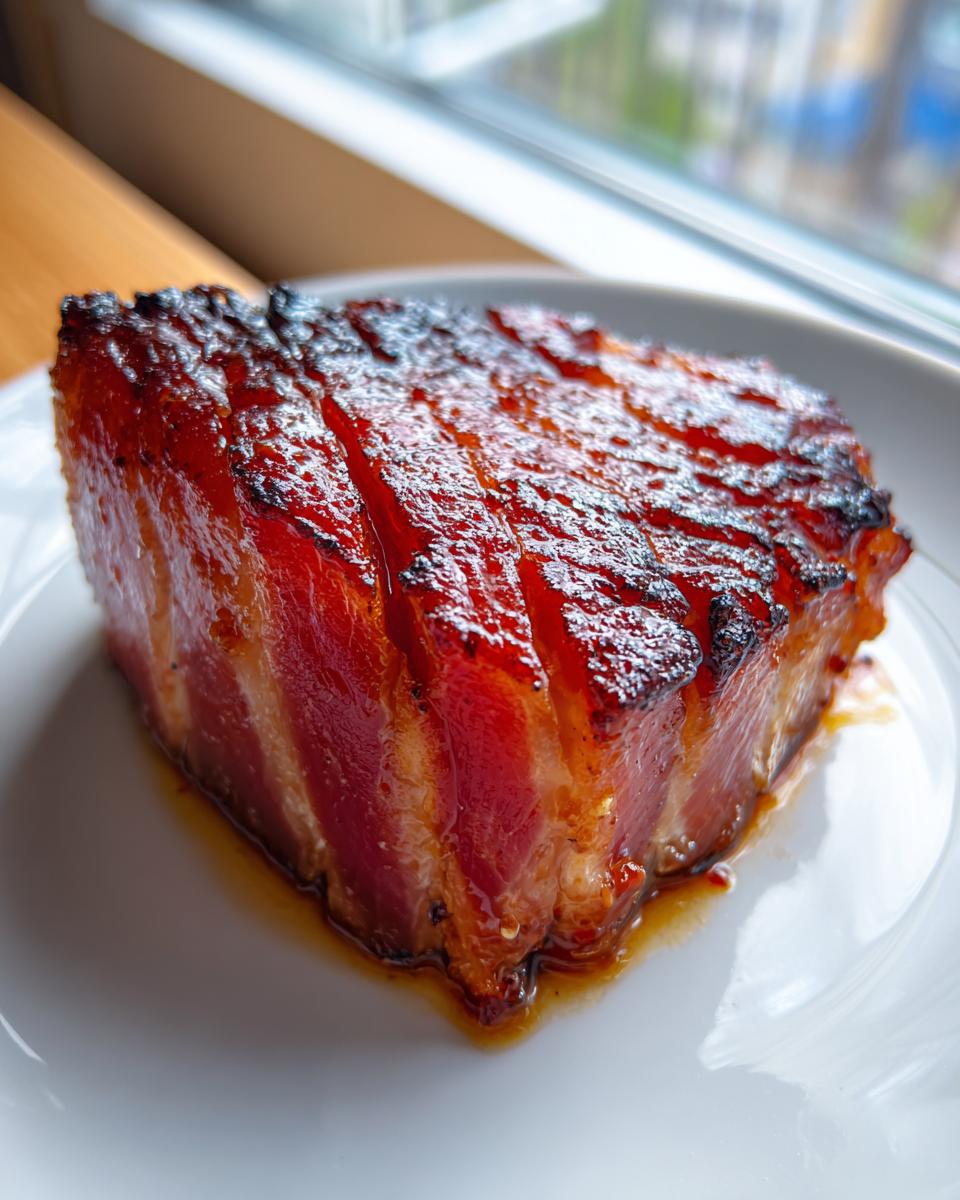 A thick, glazed piece of meat, possibly bacon-wrapped, resting on a white plate, suggesting a rich flavor profile for the MARINADE FOR TUNA STEAK.