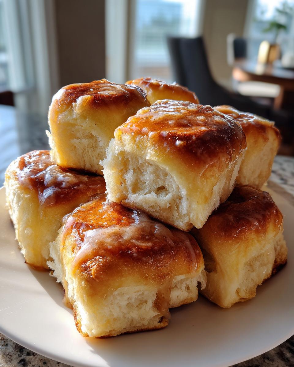 A stack of fluffy, golden-brown Texas Roadhouse rolls covered in a sweet, shiny honey butter glaze.