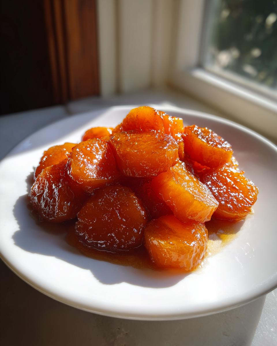 Close-up of glossy, orange candied yams piled on a white plate, glistening in natural light.