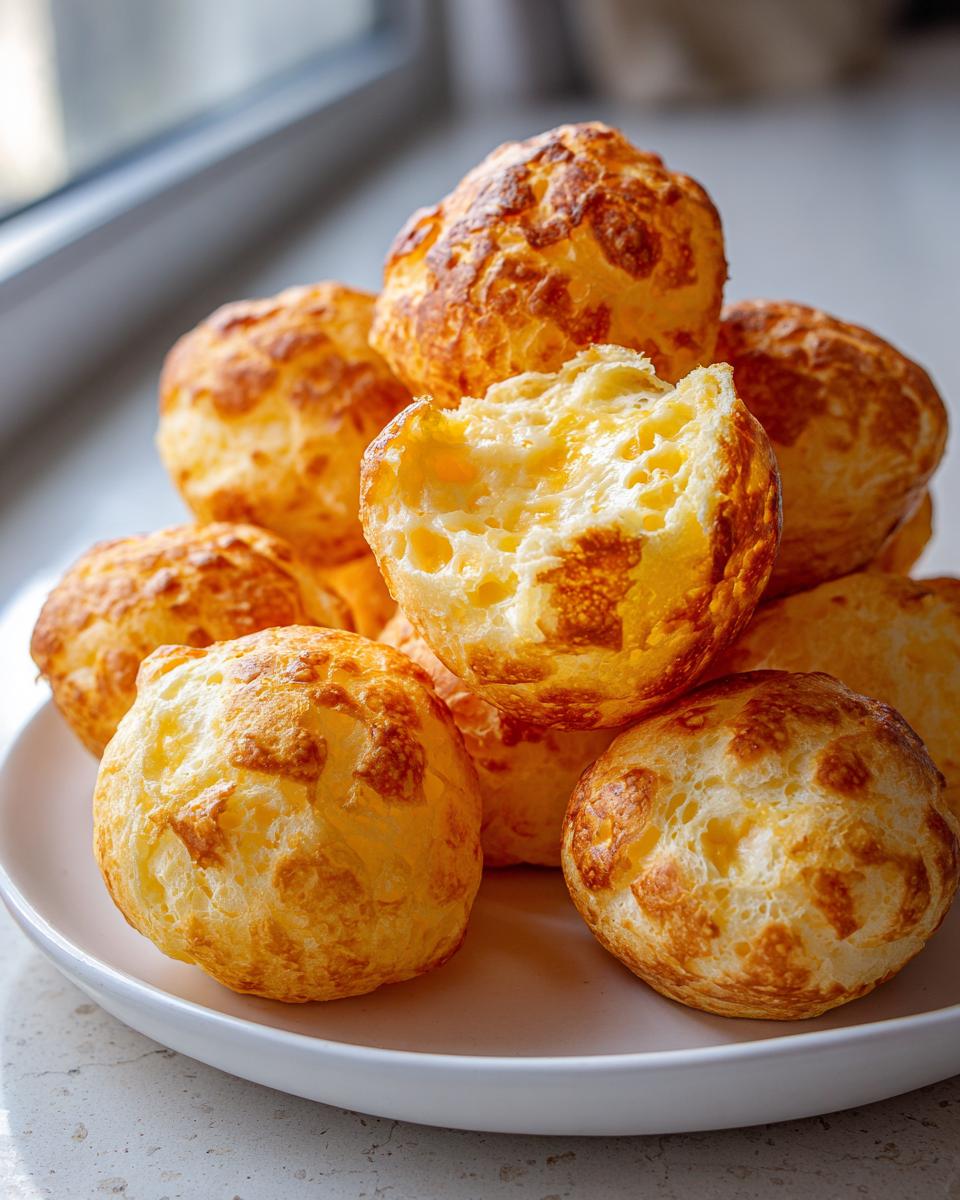 A stack of freshly baked, golden-brown brazilian cheese bread, one broken open showing its airy interior.