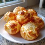 A plate of freshly baked, golden brown brazilian cheese bread puffs with a light, airy interior visible.