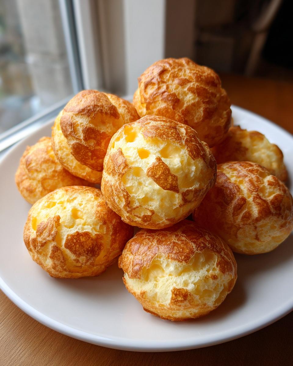 A close-up of several golden-brown, puffy brazilian cheese bread rolls stacked on a white plate.
