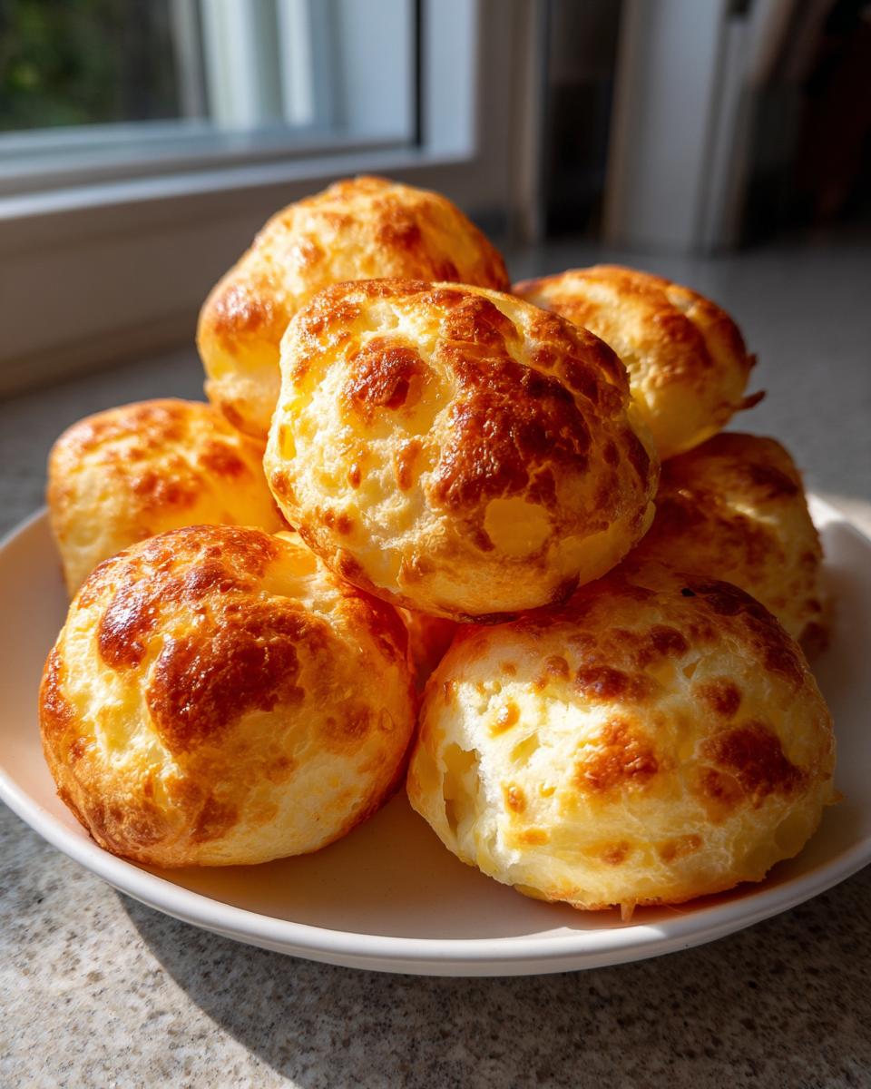 A stack of freshly baked, golden brown brazilian cheese bread rolls piled on a white plate near a window.