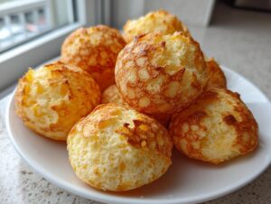 A close-up of several freshly baked brazilian cheese bread puffs piled on a white plate, showing their golden, cracked exterior.