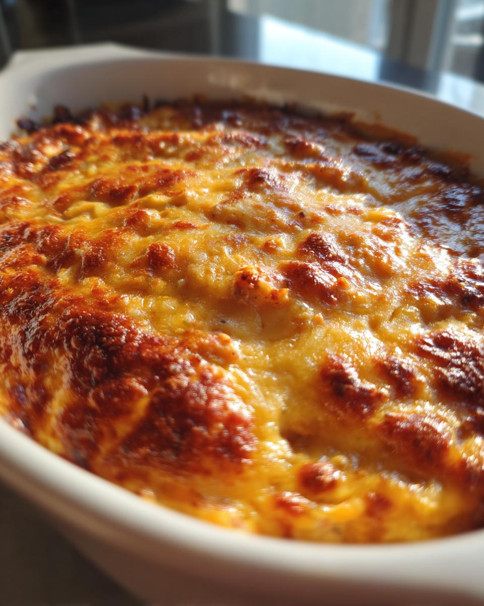Close-up of baked chicken enchilada dip with a bubbly, golden-brown melted cheese topping.
